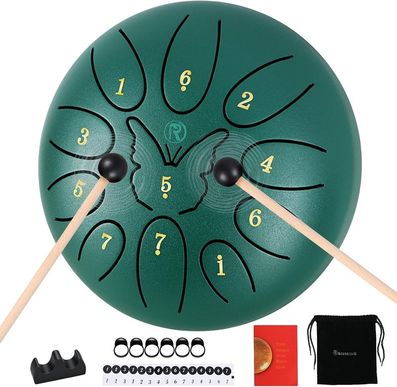RANMING 6 Inch Steel Tongue Drum 11Note C Key Tongue Drum Kids & Adult Handpan with Gig Bag Music Book Mallets Finger Loops Mallets Stand Highlight Stickers for Meditation,Yoga & Camping Green - Image 1